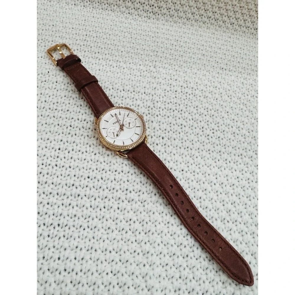 Fossil ES4122 Women's Rose Gold Crystal Bezel Brown Leather Quartz Watch